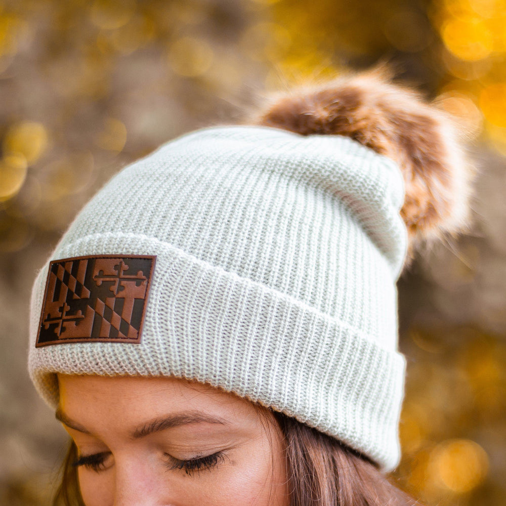 
            
                Load image into Gallery viewer, Maryland Flag Leather Patch (Grey w/ Fur Pom) / Slouchy Knit Beanie Cap - Route One Apparel
            
        